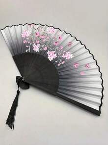 1pc Stylish Lightweight Handheld Fan Bamboo Folding Hand Fan With Botanical Theme - Elegantly Crafted Wooden Fan With Tassel, Classic Retro Design, Suitable For Graduation Gift, Home Decoration, Bamboo Art Ornament, Dance Stage Performance - Creative Anime Themes And Gifts