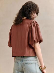 Arave 女式夏季编织闪亮金线泡泡灯笼袖圆领纹理设计衬衫，短袖上衣 - 紫紅色 - 查看 3