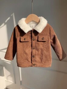 SHEIN Chaqueta acolchada con forro térmico para bebés niños, chaqueta de invierno acolchada, chaqueta casual versátil de moda diaria a juego, chaqueta de trabajo retro adecuada para interior, exterior, diario, deportes, juegos, fiestas, vuelta al colegio, ropa de invierno para bebé, chaqueta de sherpa para bebé, chaqueta de pana para bebé de otoño - Caqui - Ver 5