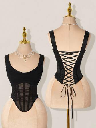 SHEIN ICON Mesh Plunging Neckline Sheer Fishbone Bralette Lace Up Top