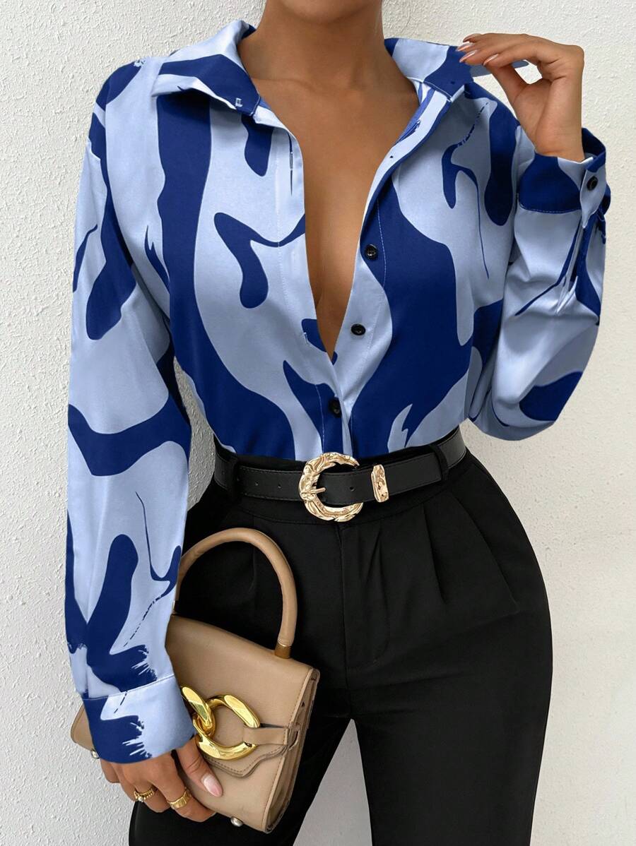 EMERY ROSE Women's Long Sleeve Business Casual Shirt, Black & White, Autumn Casual Spring For University Fall For Women - Blue - View 1