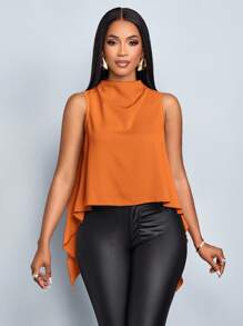SOLERSUN Women's Spring Summer Vacation Holiday Solid Color Elegant Asymmetric Hem Sleeveless Blouse - Rust Brown - View 4
