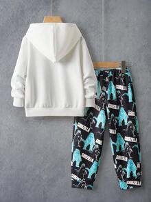 GODZILLAxKONG X SHEIN Bộ 2 chiếc/Bộ áo hoodie dài tay in chữ Monster cho bé trai và quần nỉ dáng rộng - Đen và trắng - Xem 2