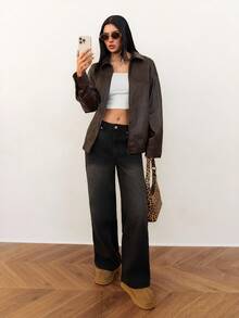 SHEIN Tall Áo khoác da giả màu nâu họa tiết loang lổ thời trang cổ điển dành cho nữ, dành cho mùa thu, trang phục Giáng sinh, quần áo nữ, áo khoác da màu nâu, mùa đông, áo khoác da, áo khoác bomber da nâu, áo khoác da nữ màu nâu, áo khoác da ngắn màu nâu, áo khoác da nữ - Cà phê nâu - Xem 3