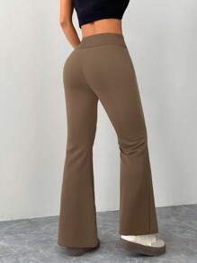 SHEIN PETITE 女式休闲灰色针织松紧腰喇叭运动裤 - 棕色 - 查看 2