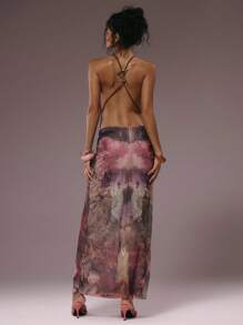 MUSERA 极致高领露背开衩碎花长裙，花朵吊带系带，适合冬季、夏季、度假、夜晚外出、约会、婚礼、生日派对、俱乐部、性感早午餐、外出游轮派对、优雅伊比沙岛等场合，少女可爱长裙 - 彩色 - 查看 5