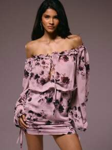 MUSERA Đầm ngắn tay dài trễ vai xếp ly cực kỳ gợi cảm bằng vải chiffon in hoa, thích hợp cho kỳ nghỉ hè, tiệc tùng, đám cưới, sinh nhật, câu lạc bộ, tiệc brunch, du lịch trên du thuyền, các dịp lễ hội, thanh lịch ở Ibiza, nữ tính, dễ thương. - Nhiều màu - Xem 6