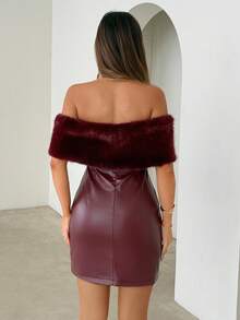 Aloruh Women's Ankara Red PU Patchwork Faux Fur Off Shoulder Fashionable Dress,Burgundy Short Dress,Wine Red Mini Dress,Halloween Costumes,Old Money Style,Christmas Dress,New Year Dress,Elegant Party Dress,Business Casual Woman,Fall Dresses For Women,Autumn Dress