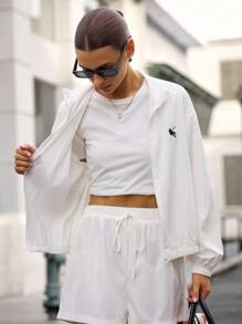 女式落肩长袖拉链休闲轻便夹克，百搭 - 白色 - 查看 7