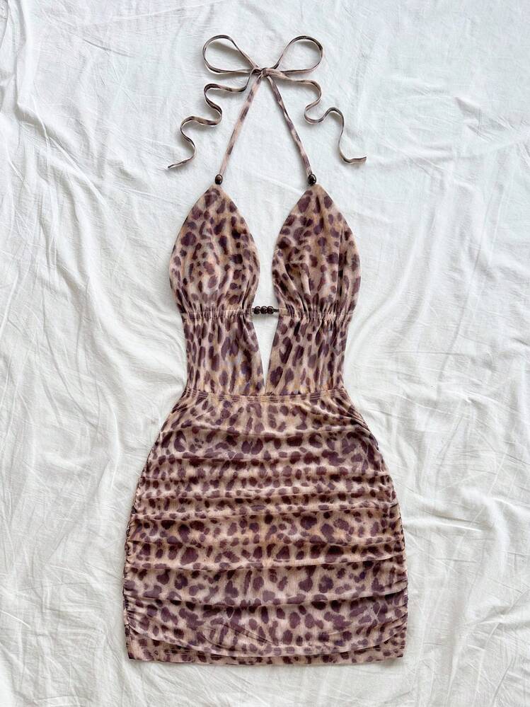 Soleia 女士性感豹纹露背迷你吊带连衣裙，夏季 - 棕色 - 查看 4