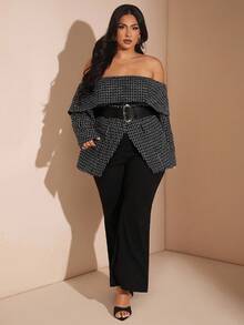SHEIN BAE Sacou texturat alb-negru pentru femei, mărime mare, cu mânecă lungă, cu umeri goi - Negru - Vizualizare 1