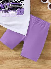 SHEIN Bộ 2 áo thun tay ngắn cổ tròn in chữ thường ngày và quần short đạp xe cho bé gái - Nhiều màu - Xem 5