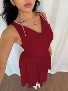 Modelyn 女士优雅 A 字型中长纯色连衣裙 - 紅色 - 查看 4
