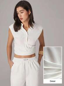 Modelyn 2件套女士无袖褶皱腰上衣和直筒裤 - 米色 - 查看 10