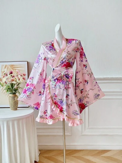 Irokai Japanese Style Elegant Floral Print Bathrobe With Bow Decor(Without Fan) Kimono Yukata
