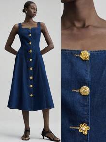 Ontre 2025 秋冬女装，秋冬女装时尚，返校季，万圣节，圣诞节，商务休闲，复古端庄优雅百搭基础款，纳什维尔服饰，方领单排扣无袖牛仔连衣裙 - 深色水洗藍 - 查看 7