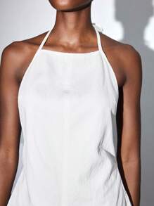 Maija 1 件女式性感纯色露背挂脖牛仔连体衣，夏季 - 白色 - 查看 7