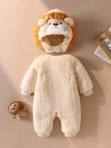SHEIN Newborn Cute Plush Lion Outfit, Includes Hooded Hat, Long Sleeve Jumpsuit With Zipper Fall Winter - Apricot - View 3