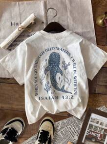 Attitoon Casual Crew Neck Short Sleeve Fitted Women T-Shirt, Suitable For Summer, Beach, Shark Print,Back To School,Vintage,90s,Suitable For Y2k