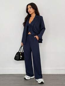 SHEIN PETITE Women's Casual Commuter Striped Jacket, Vest And Pants Suit Women Three Pieces Set Pinstripe Pantsuit, Winter Clothes For Women,Zip-Up,Casual Outfit For Women,Elegant Women's Set,Business Old Money Style Suit