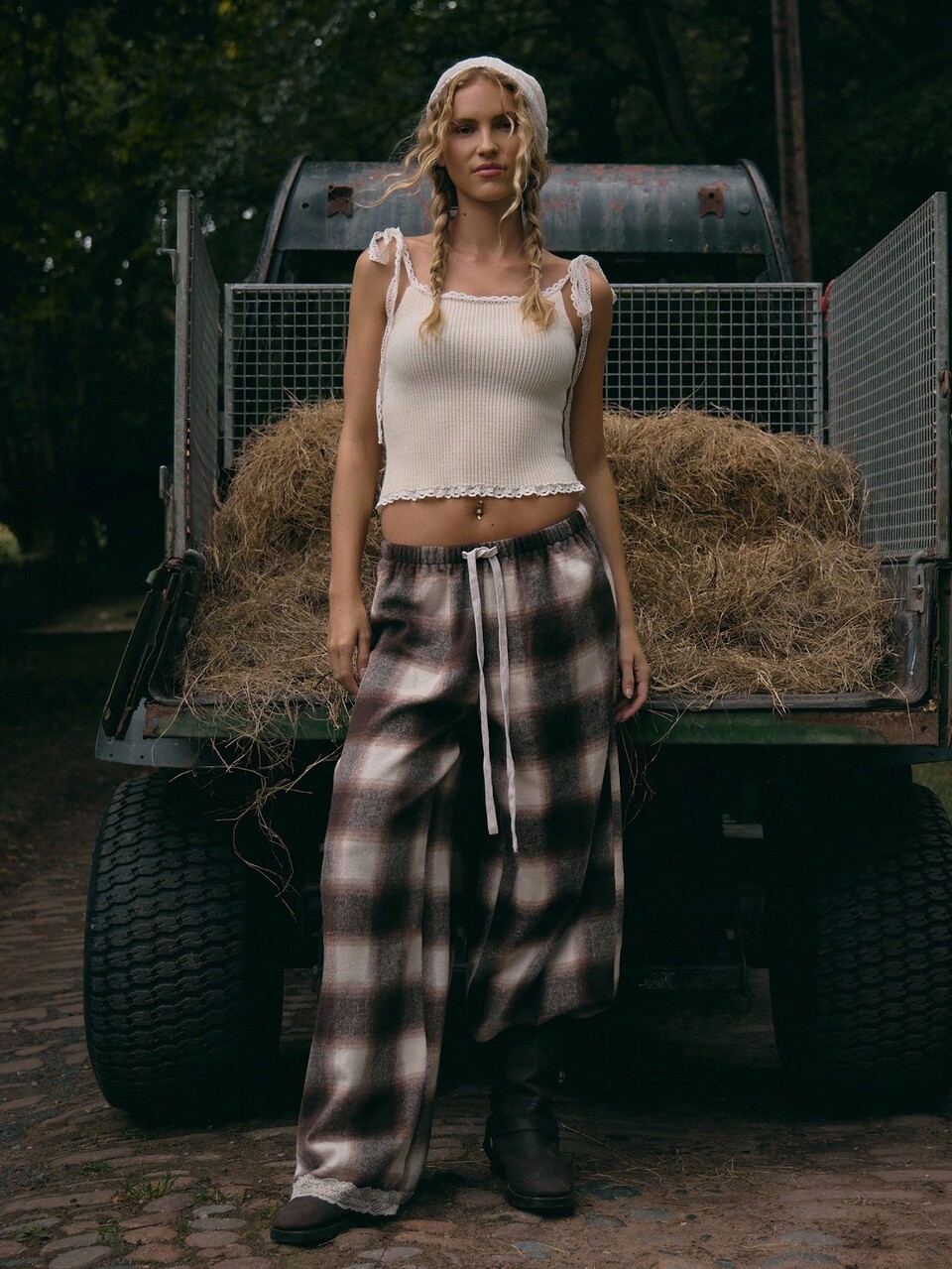Lace Trim Checked Wide Leg Trousers Cute Streetwear Festival Farmhouse, Country, Vintage, Summer Casual