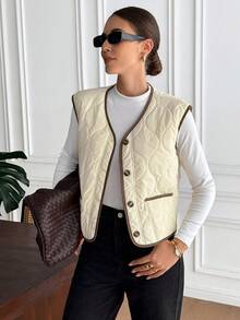 SHEIN Frenchy 女士休闲单排扣背心夹克，冬季外套 - 杏色 - 查看 1