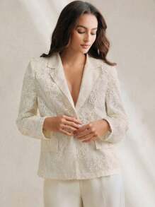Anewsta 女士优雅蕾丝翻领系带西装外套，适合通勤和派对 - 杏色 - 查看 4