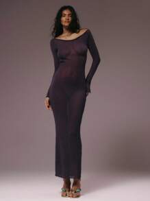 MUSERA Sheer Slash Neck Extreme Open Back Sequin Knit Fitted Long Sleeve Maxi Fall Winter Autumn Summer Vacation Holiday Night Out Date Night Wedding Guest Birthday Club Sexy Brunch Going Out Cruise Party Elegant Ibiza Occasion Girly Cute - Purple - View 4