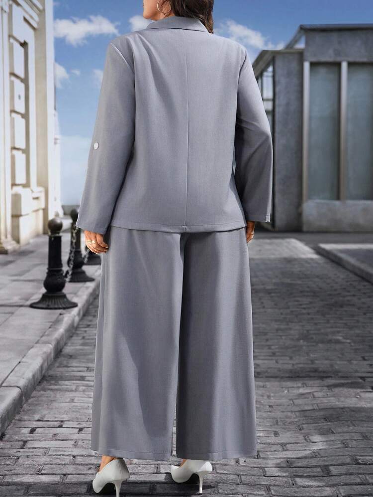 Plus Size Women Solid Color Lapel Roll-Up Sleeve Jacket And Pants Casual Suit Set Autumn/Winter Business Casual Women's Two Piece Outfits, Gray Business Suit Fall