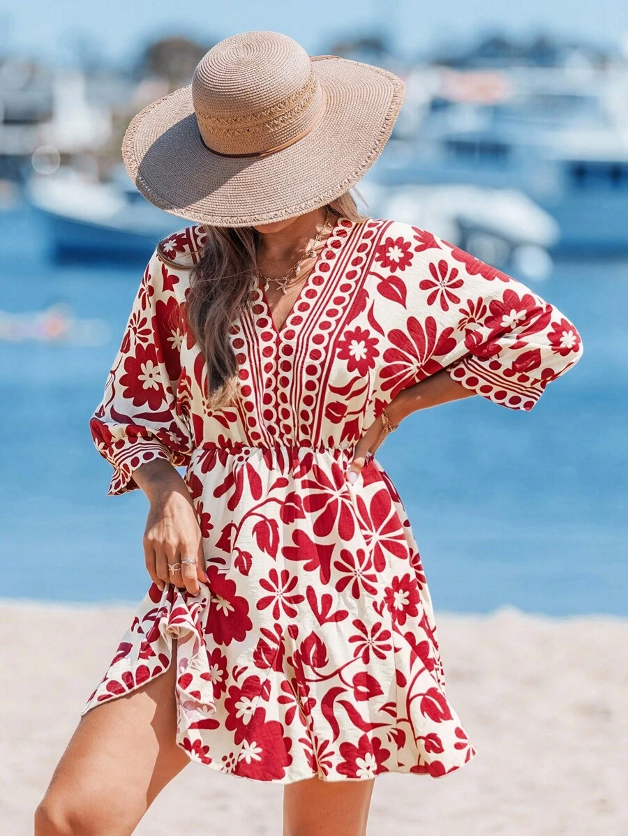 Sylviya 女士休闲度假日常装V领插肩袖宽松腰短款连衣裙夏季女装 - 彩色 - 查看 1