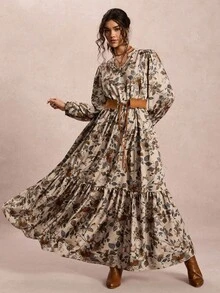 Freevana Vestido maxi de manga larga con estampado de flores para mujer de talla grande, cómodo y fluido, para otoño e invierno. Vestido maxi de invierno con cuello en V para mujeres. Disfraz de Halloween de estilo muñeca con vestido largo holgado y casual para salir. Vestido largo de talla grande para salir, vestido maxi de otoño para mujeres.