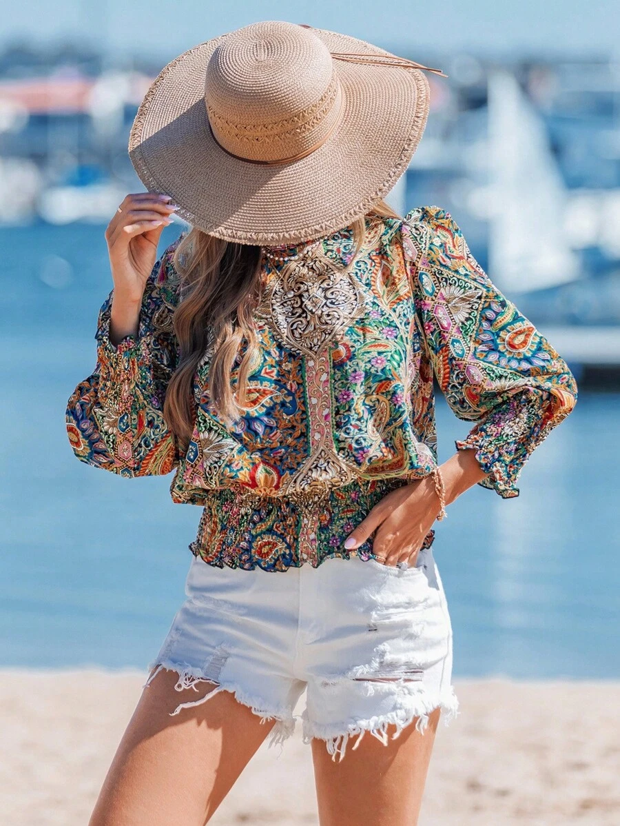 Sylviya 女士圆领泡泡袖荷叶边休闲通勤衬衫 - 彩色 - 查看 1