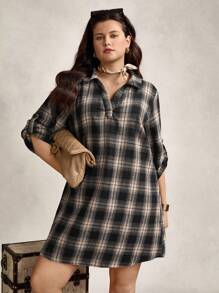 Zelara Plus Size Casual Minimalist Style Everyday Dress Spring Break Boho/Bohemian,Holiday Outfits,Resort Dresses, Outdoor Essential For Daily Wear Sundress Casual Plaid Dress Women Casual Daily Wear, Commute Elegant Office Outfits For Women Fall Clothes For Women Going Out Tops For Women Brown Dress - Multicolor - View 5