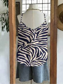 EMERY ROSE Plus Size Zebra Stripe Print Splice Lace Camisole Top, Suitable For Summer Woman S Summer Clothes Women Tops For Summer Vcay - Multicolor - View 2