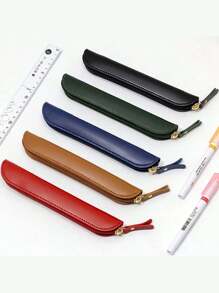 1 件时尚简约皮革铅笔盒，柔软亲肤皮革材质，复古学生文具袋多功能拉链铅笔收纳袋，返校，学校用品，铅笔袋，书包 - 彩色 - 查看 2