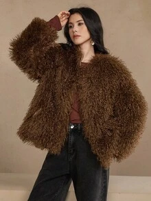 DAZY 女士休闲宽松蓬松外套夹克蓬松外套 - 咖啡棕 - 查看 5