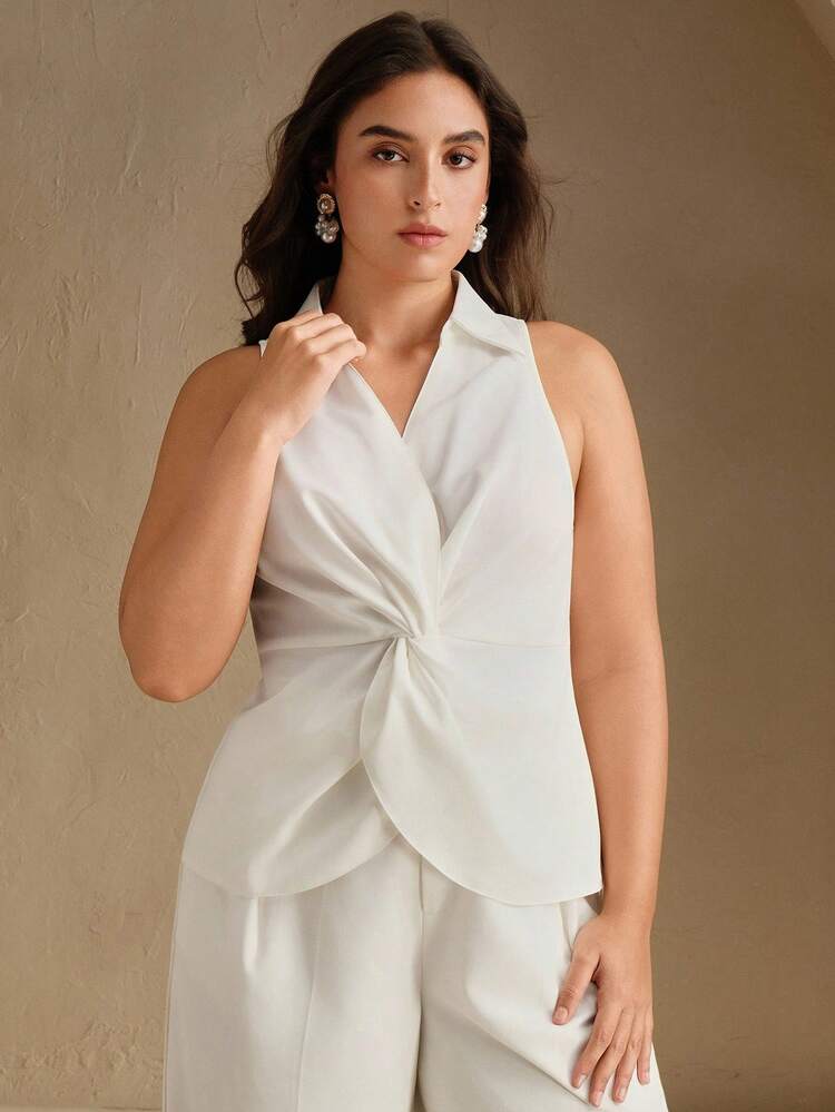 Plus Size Women Vacation Style Collared Sleeveless Twist Decor Tank Top