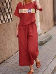 SHEIN LUNE Set de 2 piezas para mujer con manga corta y estilo bohemio en patchwork