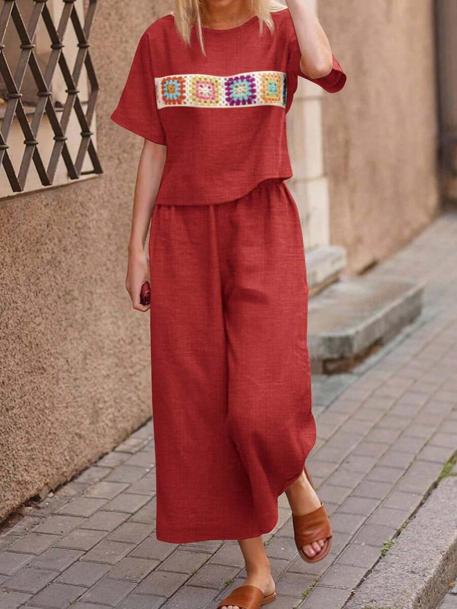 SHEIN LUNE 2pcs Women Bohemian Style Patchwork Short Sleeve Set - Redwood - View 1