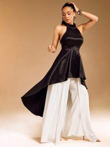 Solid Taffeta Halter Neck High Low Hemline Open Back Top - Black - View 3