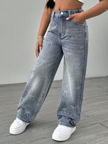 Sparklyn Tween Girls Vintage Distressed Flare Jeans With Butterfly Rhinestone Decor, Casual Washed Denim Pants - Medium Wash - View 6