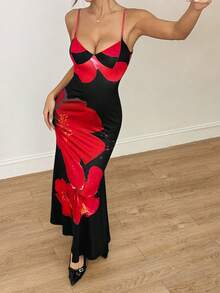 SHEIN PETITE Women's Fashionable Printed Sleeveless Dress, Summer Red And Black Dress - Brown - View 3