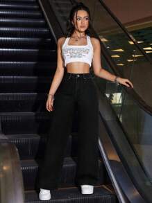 SHEIN ICON 女士口袋宽松阔腿休闲百搭牛仔裤 - 黑色 - 查看 6