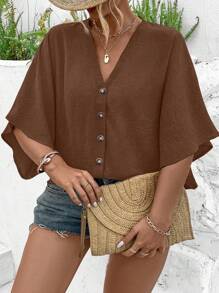 EMERY ROSE 女式加大码优雅纯色提花V领插肩袖纽扣装饰海滩度假2025春夏新款百搭衬衫，带设计细节 - 棕色 - 查看 6