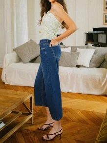 SHEIN Unity Women Dark Denim Cotton Low Waist Boyfriend Fit Jeans With Pockets Capris For Women Teacher Outfits - Dark Wash - View 4