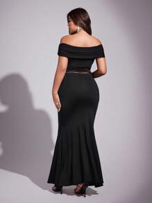 Viva Relle 大码女式优雅性感露肩网眼上衣和弹力针织紧身裙两件套，夏季