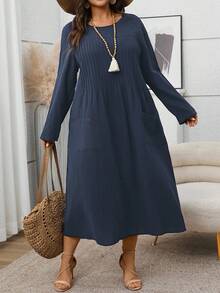 EMERY ROSE Plus Size Solid Dress For Summer Vacation   Fall Clothes For Women Country Style For Women Country Concert Outfit,Spring - Navy Blue - View 6