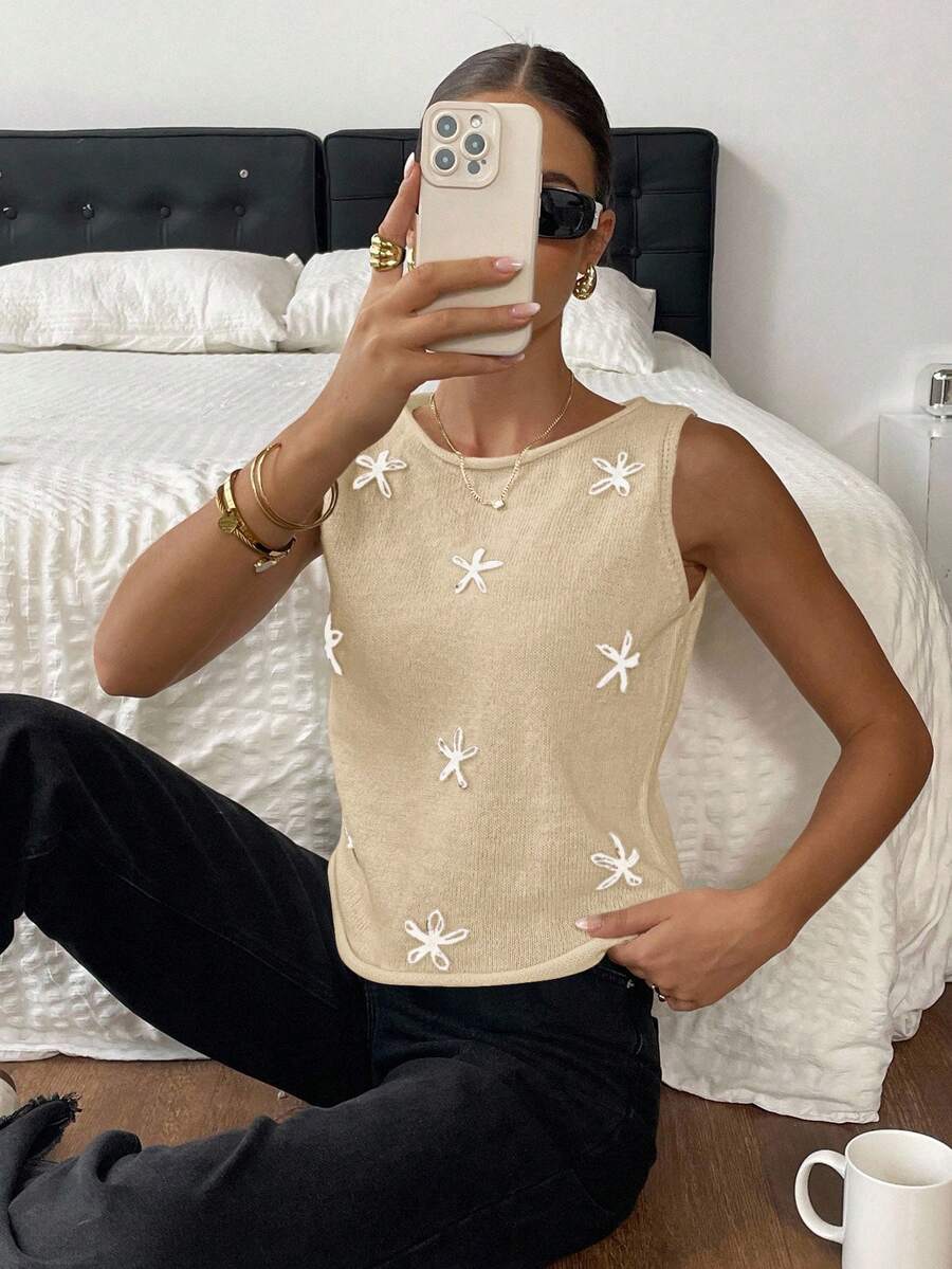 SHEIN Frenchy Chaleco de punto con cuello redondo y decoración floral casual para mujer en otoño/invierno - Albaricoque - Ver 1