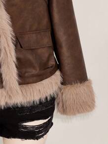 SHEIN ICON Plus Size Vintage PU Leather Patchwork Faux Fur Collar Double Pocket Jacket Fur Jacket Women Brown Fur Jacket Women Fur Coat Faux Fur Jacket Women Brown Jacket Women Winter Fall Autumn