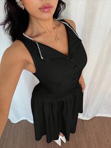 Modelyn Women's Button Decor Pleated Sleeveless Casual Mid-Length Solid Color Dress - Black - View 4